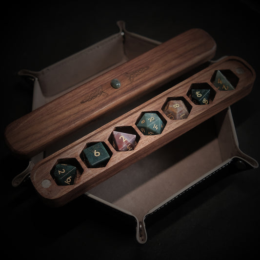 Set di dadi in pietra preziosa di quarzo rosa naturale, scatola di legno combinata 2