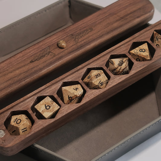 Set di dadi in pietra preziosa di quarzo rosa naturale, scatola di legno combinata 2