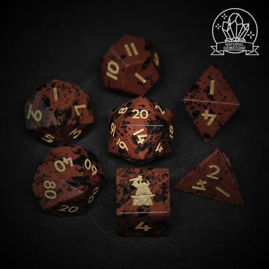 Natural Mahogany Obsidian Golden Swan Gemstone Dice Set of 7 D6 with Logo for RPG Table-top Board Game. Gift for Game Lover