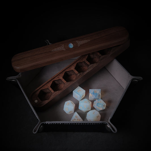 Opalite Gemstone Dice Set Wooden Box Combo / Dice Set of 7 / Black Cherry Wood Box / Dice Tray for board game, dice game, table-top game, gift for gamer