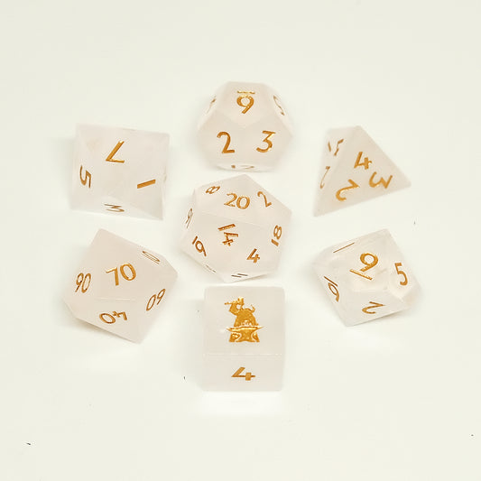 Natural Frosted White Quartz Crystal Gemstone Dice Set of 7——with Forgic Logo. Game accessories for table-top game, board game and rpg game lover