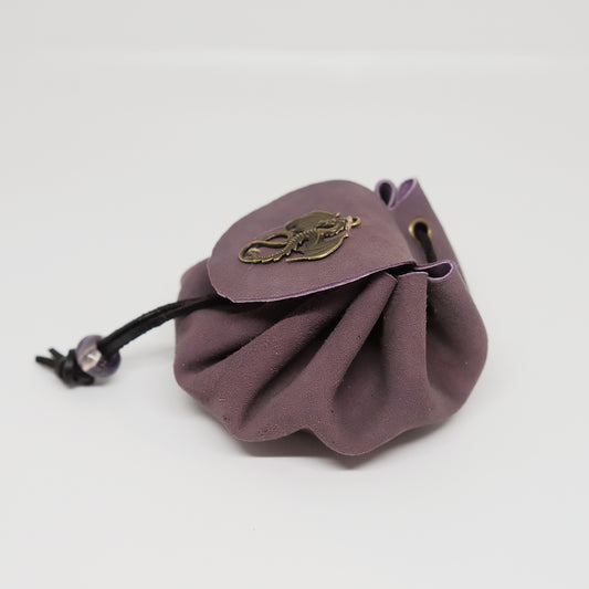 Handmade Purple Leather Metal Dragon Dice Bag Suitable For 3 Sets Of Dice Attached Amethyst Accessory. Game accessories for table-top game, board game and rpg game lover