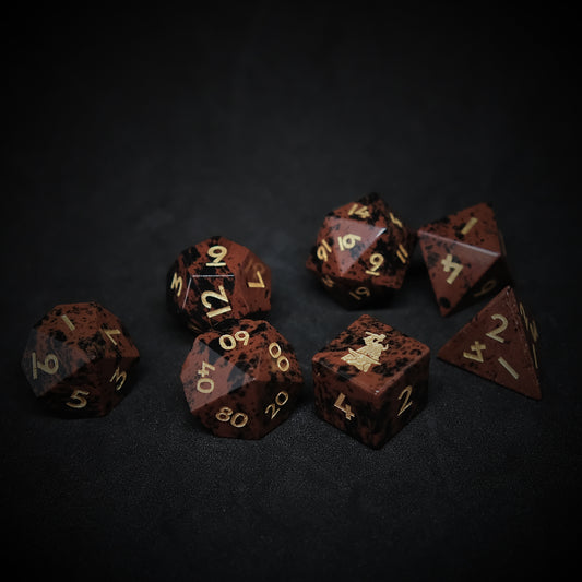 Natural Mahogany Obsidian Golden Swan Gemstone Dice Set of 7 D6 with Logo for RPG Table-top Board Game. Gift for Game Lover