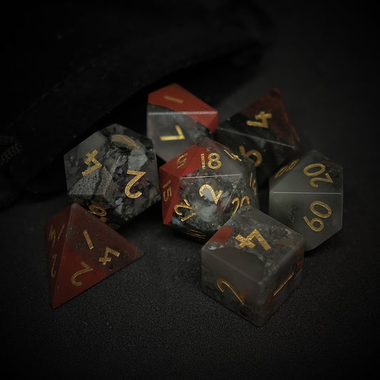 Natural Bloodstone Gemstone Dice Set of 7. Game accessories for table-top game, board game and rpg. Gift for game lover