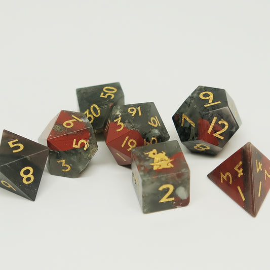 Natural Bloodstone Gemstone Dice Set of 7 D6 with Logo. Game accessories for table-top game, board game and rpg. Gift for game lover