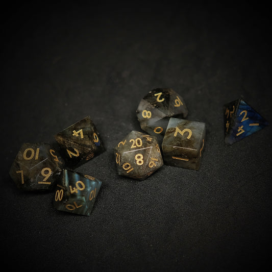 Natural Spectrolite Gemstone Dice Set of 7. Game accessories for table-top game, board game and rpg. Gift for game lover