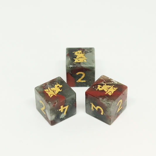 Natural Bloodstone Gemstone Dice Set of 7 D6 with Logo. Game accessories for table-top game, board game and rpg. Gift for game lover