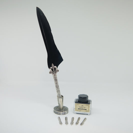 Vintage Style Black Quill Pen Gift Box Set, with Metal Pen Holder, 5 Nibs and 15ml Black Ink
