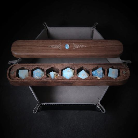 Opalite Gemstone Dice Set Wooden Box Combo / Dice Set of 7 / Black Cherry Wood Box / Dice Tray for board game, dice game, table-top game, gift for gamer