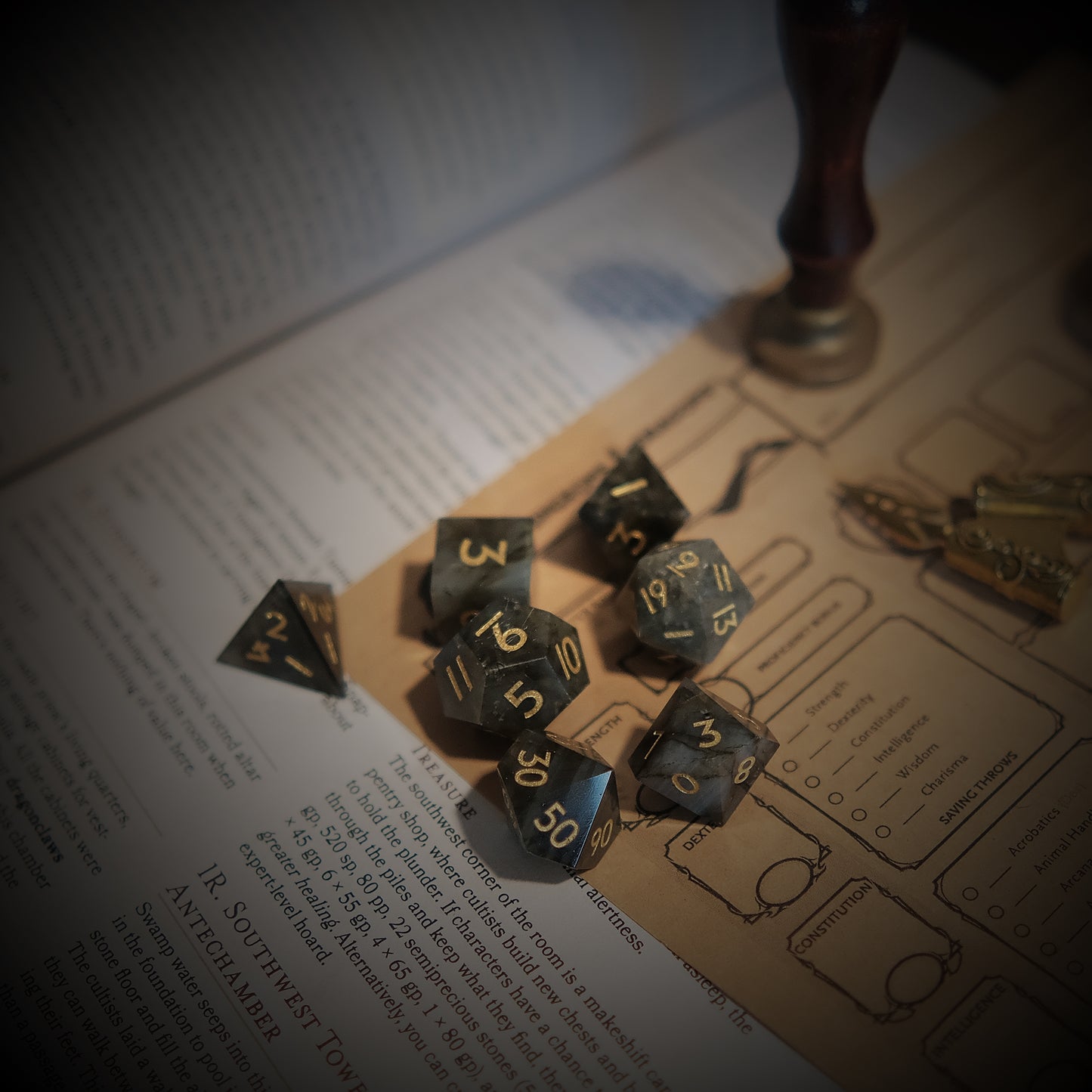 Natural Spectrolite Gemstone Dice Set of 7 D6 with Logo. Game accessories for table-top game, board game and rpg. Gift for game lover