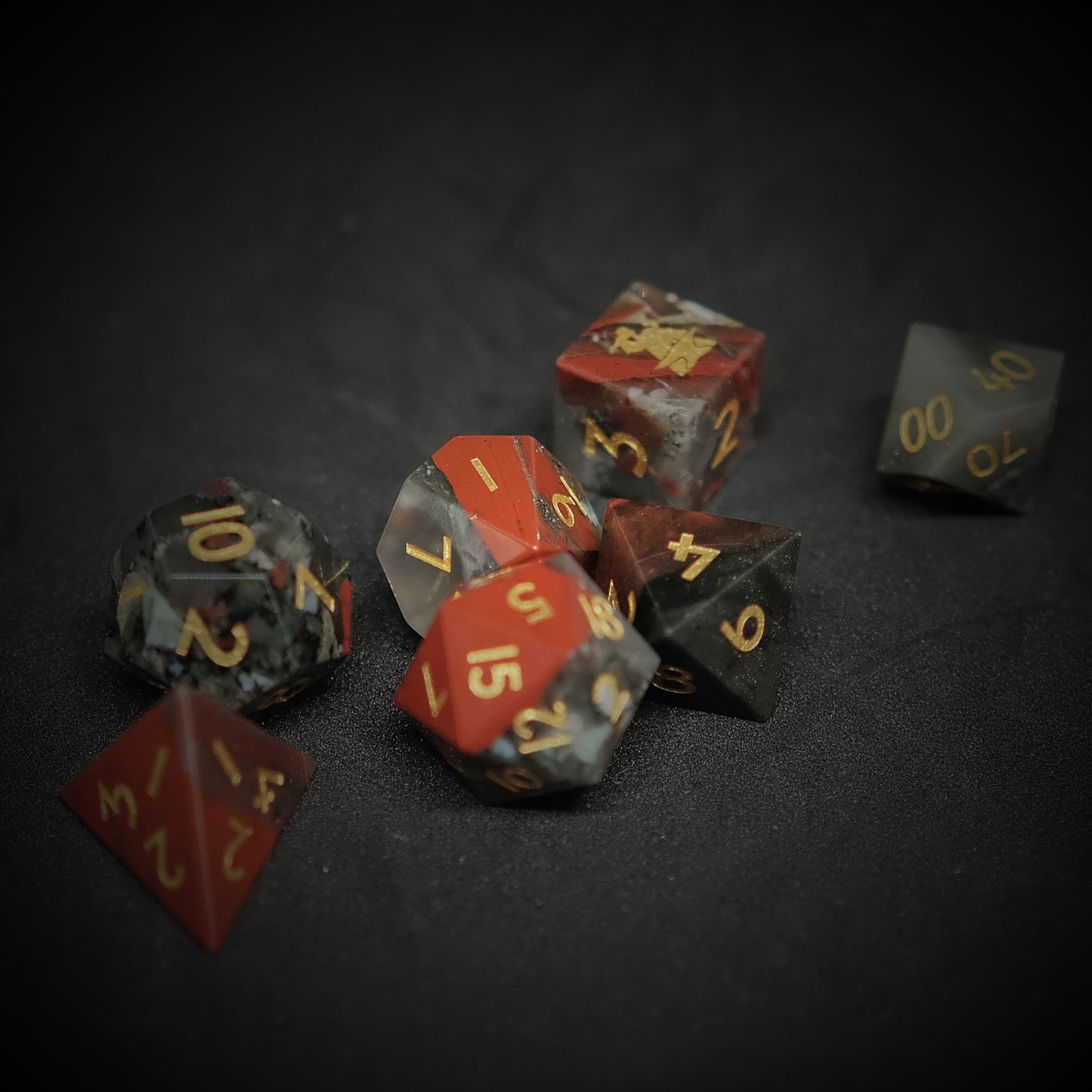 Natural Bloodstone Gemstone Dice Set of 7 D6 with Logo. Game accessories for table-top game, board game and rpg. Gift for game lover