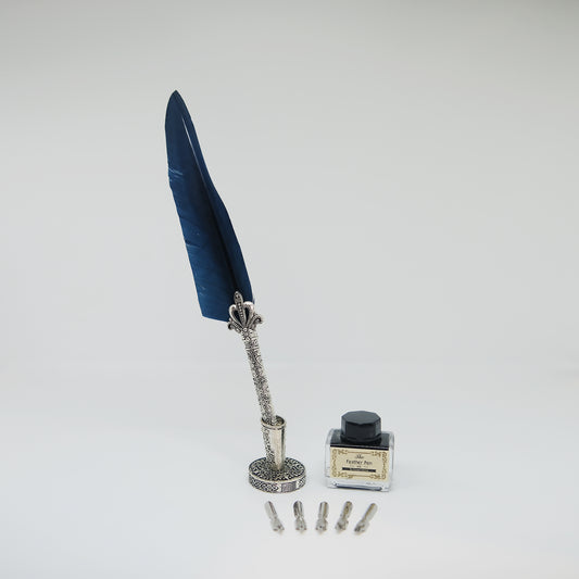 Vintage Style Dark Blue Quill Pen Gift Box Set, with Metal Pen Holder, 5 Nibs and 15ml Black Ink