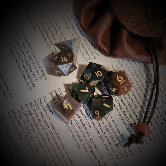 Natural Indian Agate Gemstone Dice Set of 7 Clearly Font. Game accessories for table-top game, board game and rpg. Gift for game lover