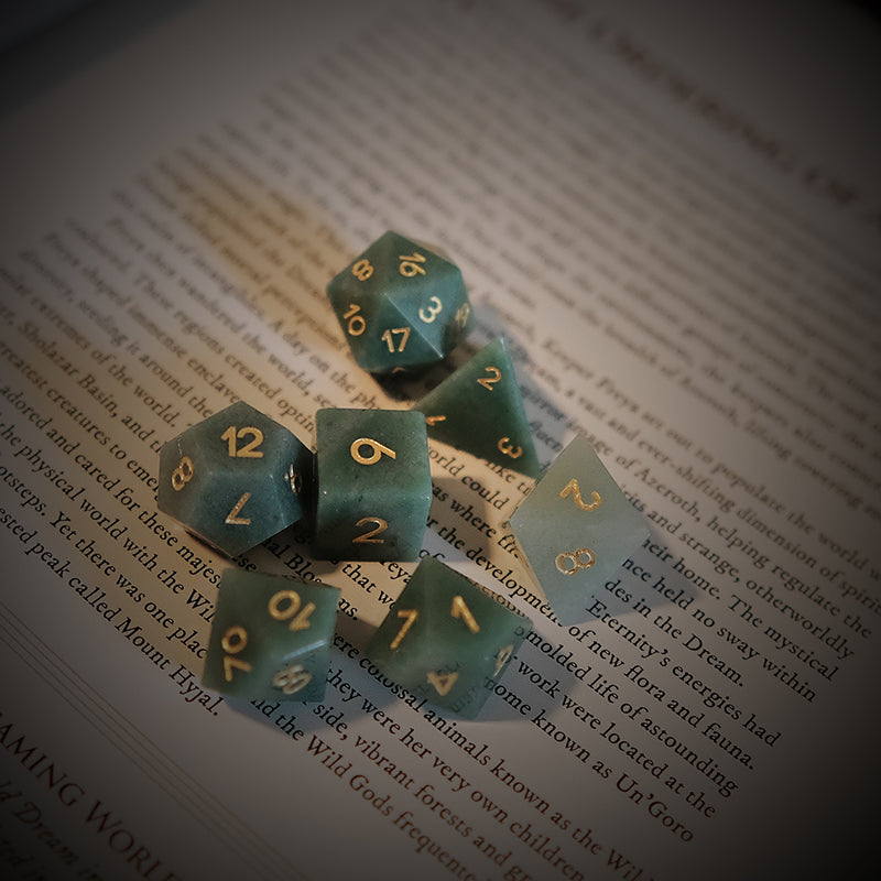 Natural Aventurine Gemstone Dice Set of 7. Game accessories for table-top game, board game and rpg. Gift for game lover