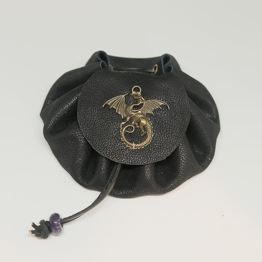Handmade Leather Dragon Metal Dragon Dice Bag_Black. Game accessories for table-top game, board game and rpg. Gift for game lover