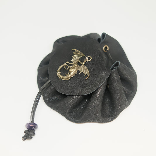 Handmade Leather Dragon Metal Dragon Dice Bag_Black. Game accessories for table-top game, board game and rpg. Gift for game lover