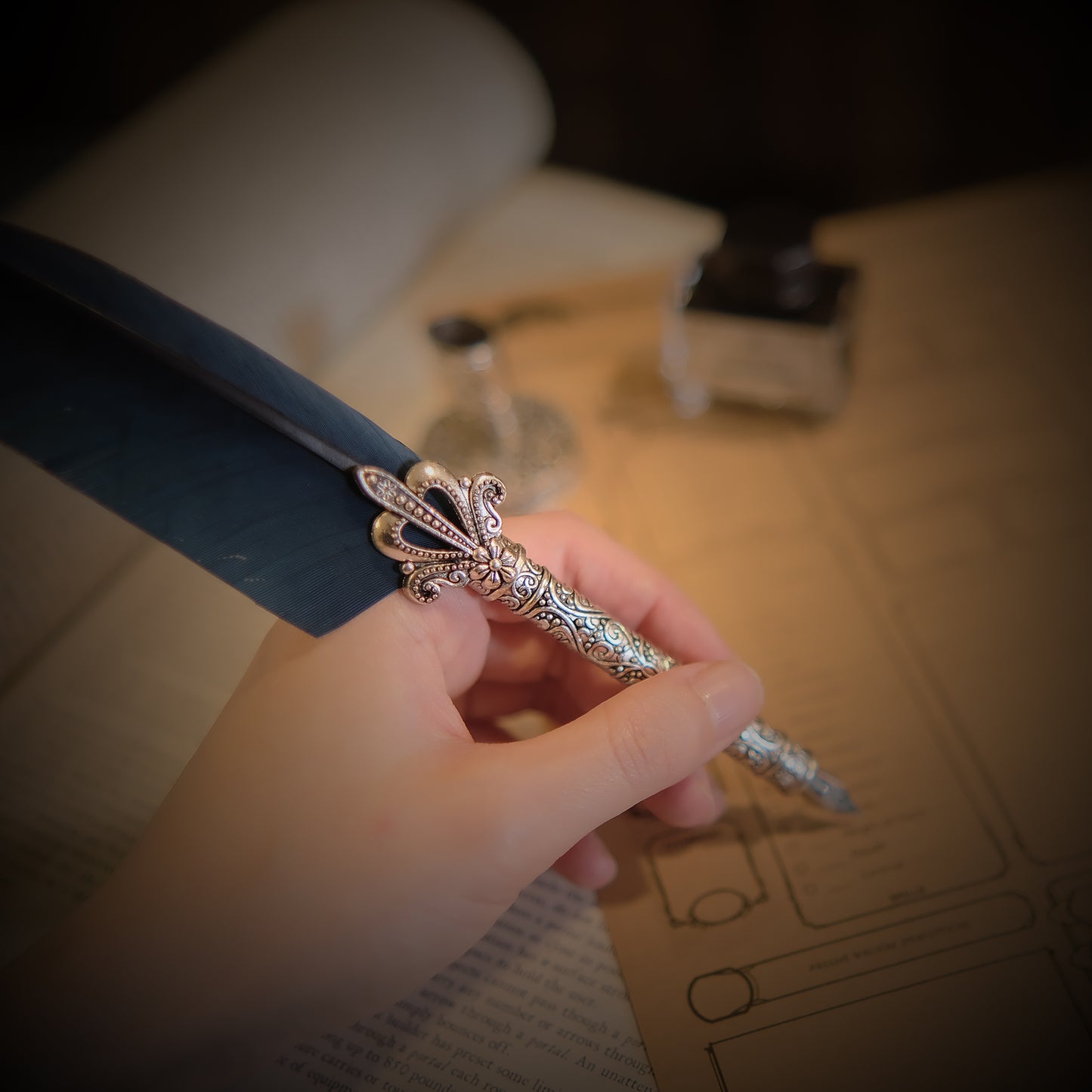 Vintage Style Dark Blue Quill Pen Gift Box Set, with Metal Pen Holder, 5 Nibs and 15ml Black Ink