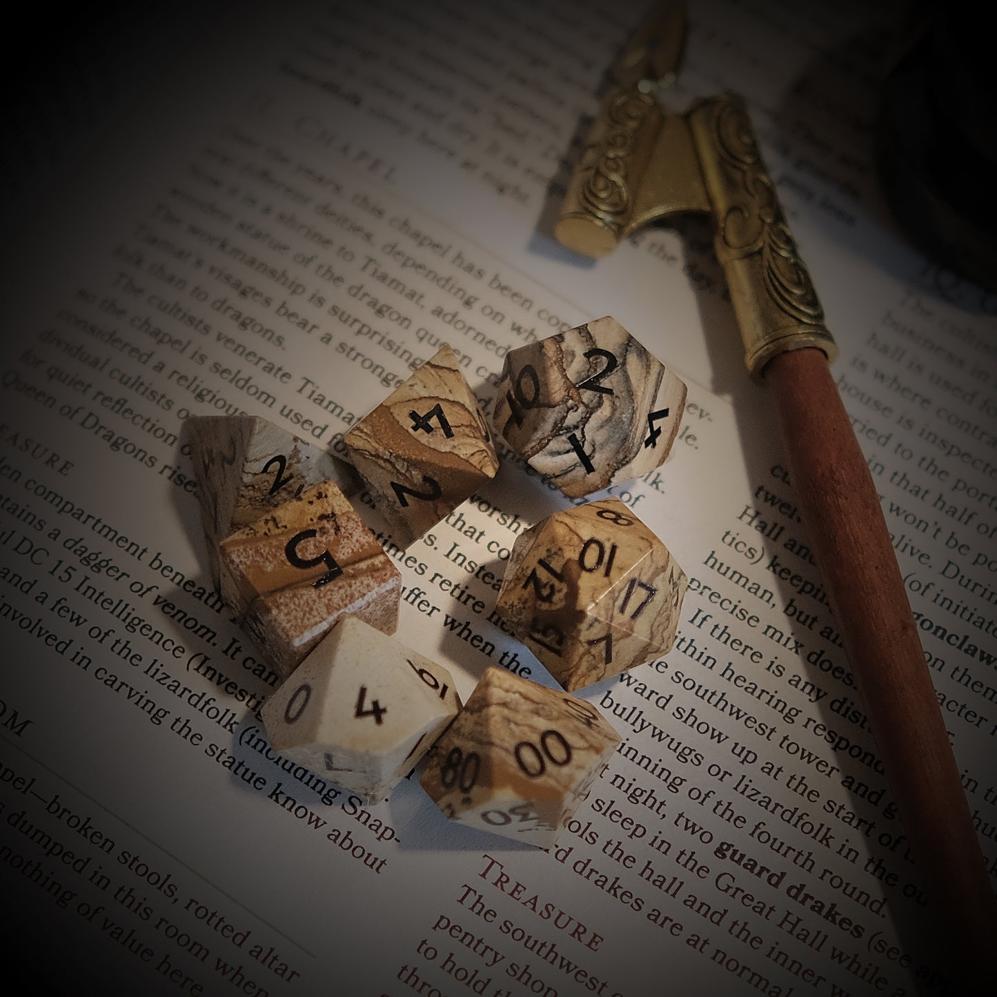 Natural Wood Grain Stone Dice Set of 7 D6 with Logo