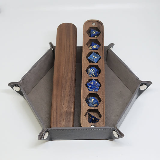 COMBO / Lapis Lazuli Natural Gemstone Dice Set Wooden Box Combo / Dice Set of 7 / Black Cherry Wood Box / Dice Tray