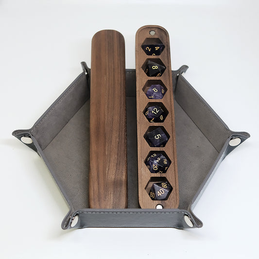 COMBO / Natural Amethyst Gemstone Dice Set Wooden Box Combo / Dice Set of 7 / Black Cherry Wood Box / Dice Tray