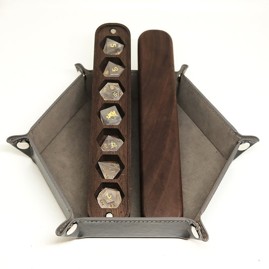 COMBO / Natural Frosted White Quartz Crystal Gemstone Dice Set / Dice Set of 7 / Black Cherry Wood Box / Dice Tray. Game accessories for table-top game, board game and rpg game lover