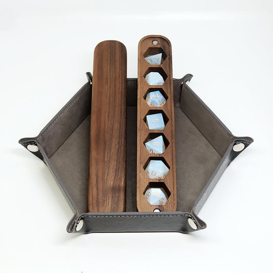 COMBO / Opalite Gemstone Dice Set Wooden Box Combo / Dice Set of 7 / Black Cherry Wood Box / Dice Tray for board game, dice game, table-top game, gift for gamer