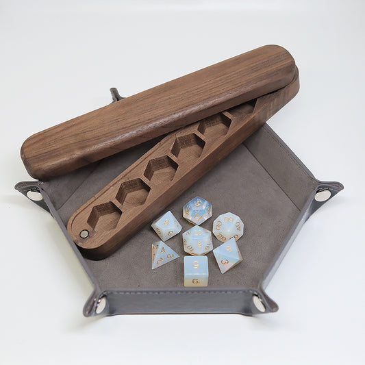 COMBO / Opalite Gemstone Dice Set Wooden Box Combo / Dice Set of 7 / Black Cherry Wood Box / Dice Tray for board game, dice game, table-top game, gift for gamer