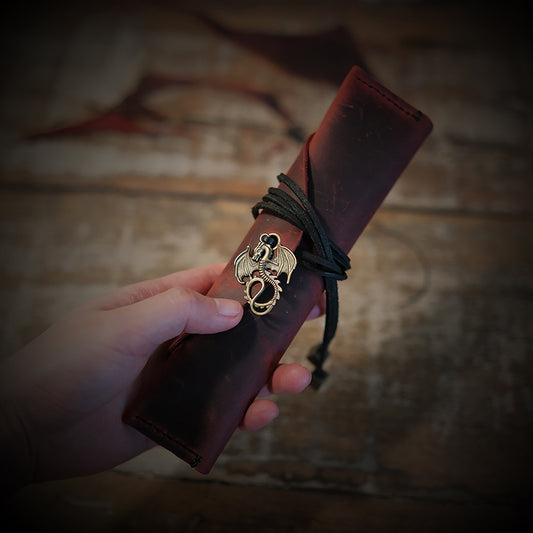 Handmade Leather Dice Bag Metal Dragon Suitable For 1 Sets Of Dice / Vintage Blood Red Dice Bag / Pancil Case