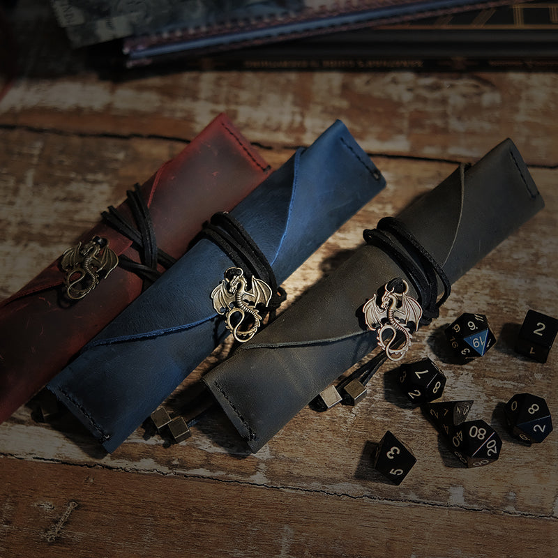 Handmade Leather Dice Bag Metal Dragon Suitable For 1 Sets Of Dice / Vintage Dark Olive Dice Bag / Pancil Case