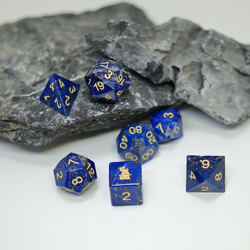Lapis Lazuli Natural Gemstone Dice Set of 7, D6 with forgic logo. Game accessories for table-top game, board game and rpg. Gift for game lover
