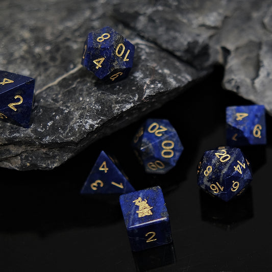 Lapis Lazuli Natural Gemstone Dice Set of 7, D6 with forgic logo. Game accessories for table-top game, board game and rpg. Gift for game lover