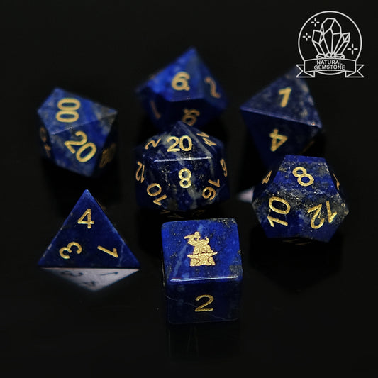 Lapis Lazuli Natural Gemstone Dice Set of 7, D6 with forgic logo. Game accessories for table-top game, board game and rpg. Gift for game lover