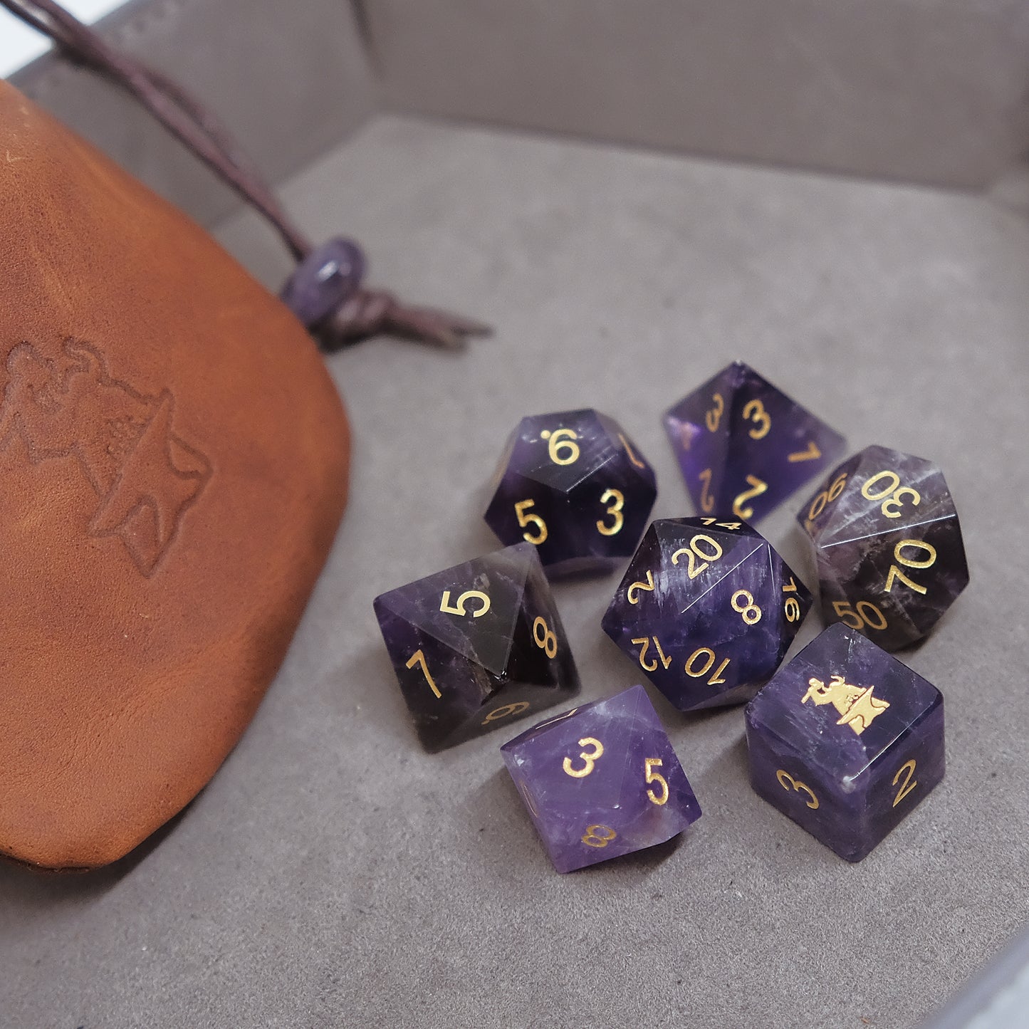 Natural Amethyst Dice Set and Leather Bag Combo. Game accessories for table-top game, board game and rpg. Gift for game lover