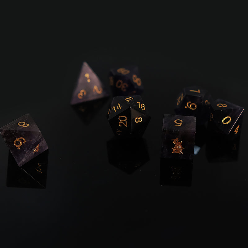 Amethyst Natural Gemstone Dice Set of 7——D6 with Forgic Logo. Game accessories for table-top game, board game and rpg. Gift for game lover