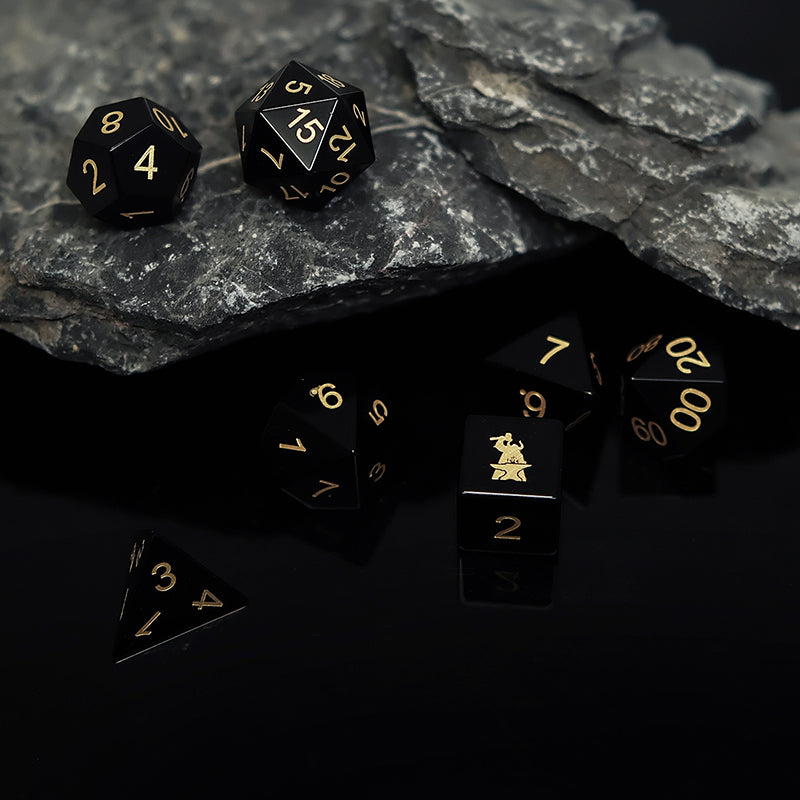 Natural Obsidian Dice Set Gemstone Dice Set of 7 for DND Board Game And Card Game D6 with Forgic Logo