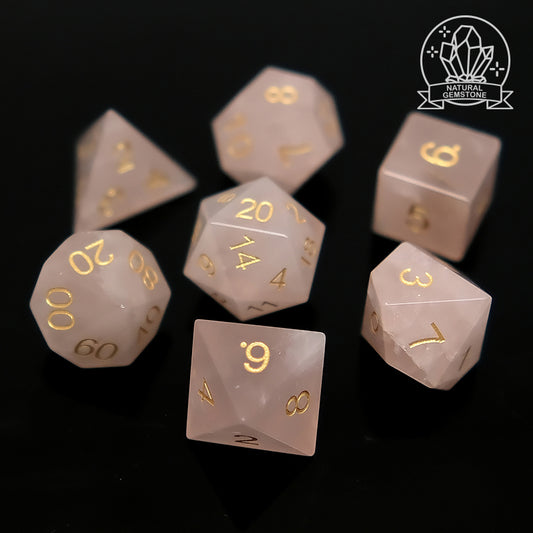 Natural Rose Quartz Gemstone Dice Set of 7 DND Role Playing Games and Table-top Games. Gift for Gamer