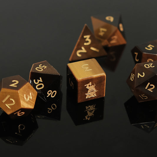 Natural Tiger's Eye Gemstone Dice Set of 7 -- D6 with Forgic Logo. Game accessories for table-top game, board game and rpg. Gift for game lover