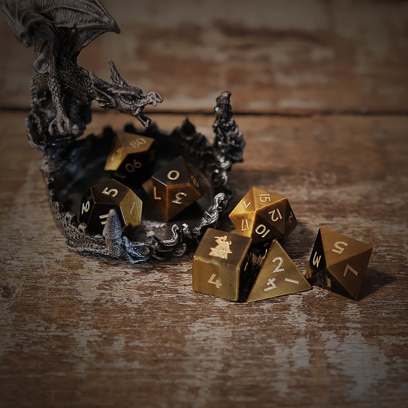 Natural Tiger's Eye Gemstone Dice Set of 7 -- D6 with Forgic Logo