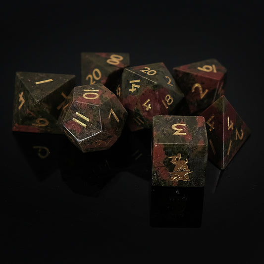 Natural Unakite Gemstone Dice Set of 7 Clearly Font —— D6 with Forgic Logo. Unique Green Dice. Game accessories for table-top game, board game and rpg. Gift for game lover