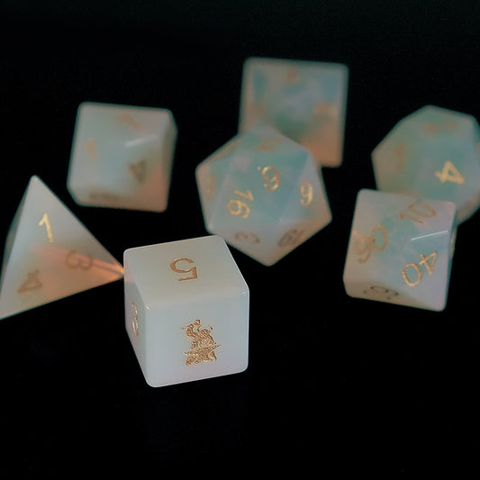Opalite Dice Set Gemstone Dice Set of 7 D6 with Forgic logo
