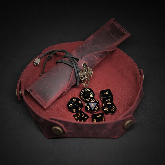 Red COMBO: Natural Obsidian Gemstone Dice Set / Handmade Dice Bag / Handmade Dice Tray. Game accessories for table-top game, board game and rpg game lover