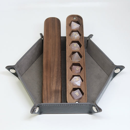 Rose Quartz Gemstone Dice Set Wooden Box Combo / Dice Set of 7 / Black Cherry Wood Box / Dice Tray