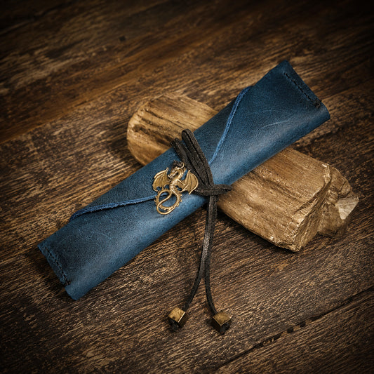 Leather Dice Bag with Metal Dragon_Dark blue