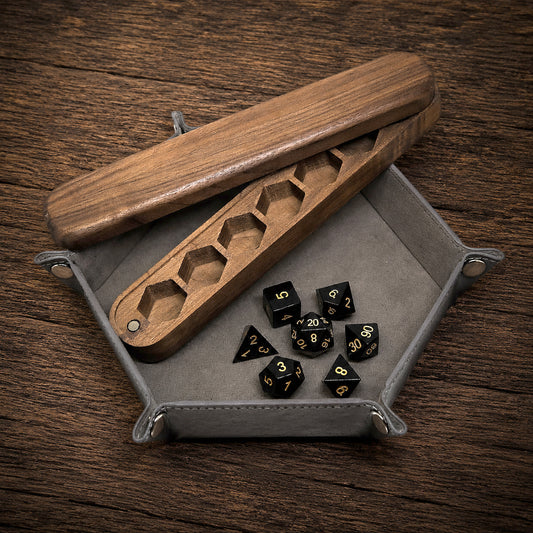Combo dadi di ossidiana e scatola di legno