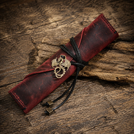 Leather Dice Bag with Metal Dragon