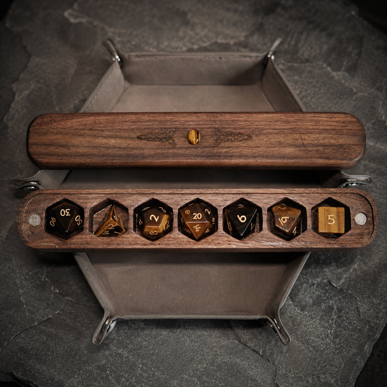 Natural Tiger's Eye Gemstone Dice Set Wooden Box Combo 2