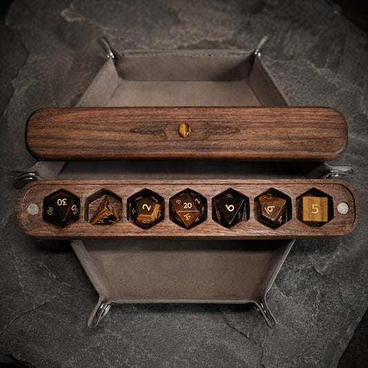 Natural Tiger's Eye Gemstone Dice Set Wooden Box Combo 2