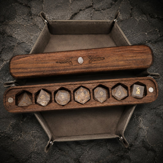 Set di dadi in pietra preziosa di quarzo rosa naturale, scatola di legno combinata 2 