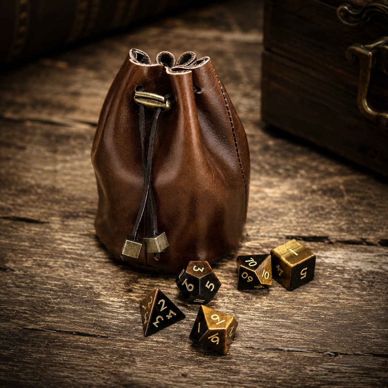 Borsa per dadi in pelle marrone adatta per 5-6 set di dadi