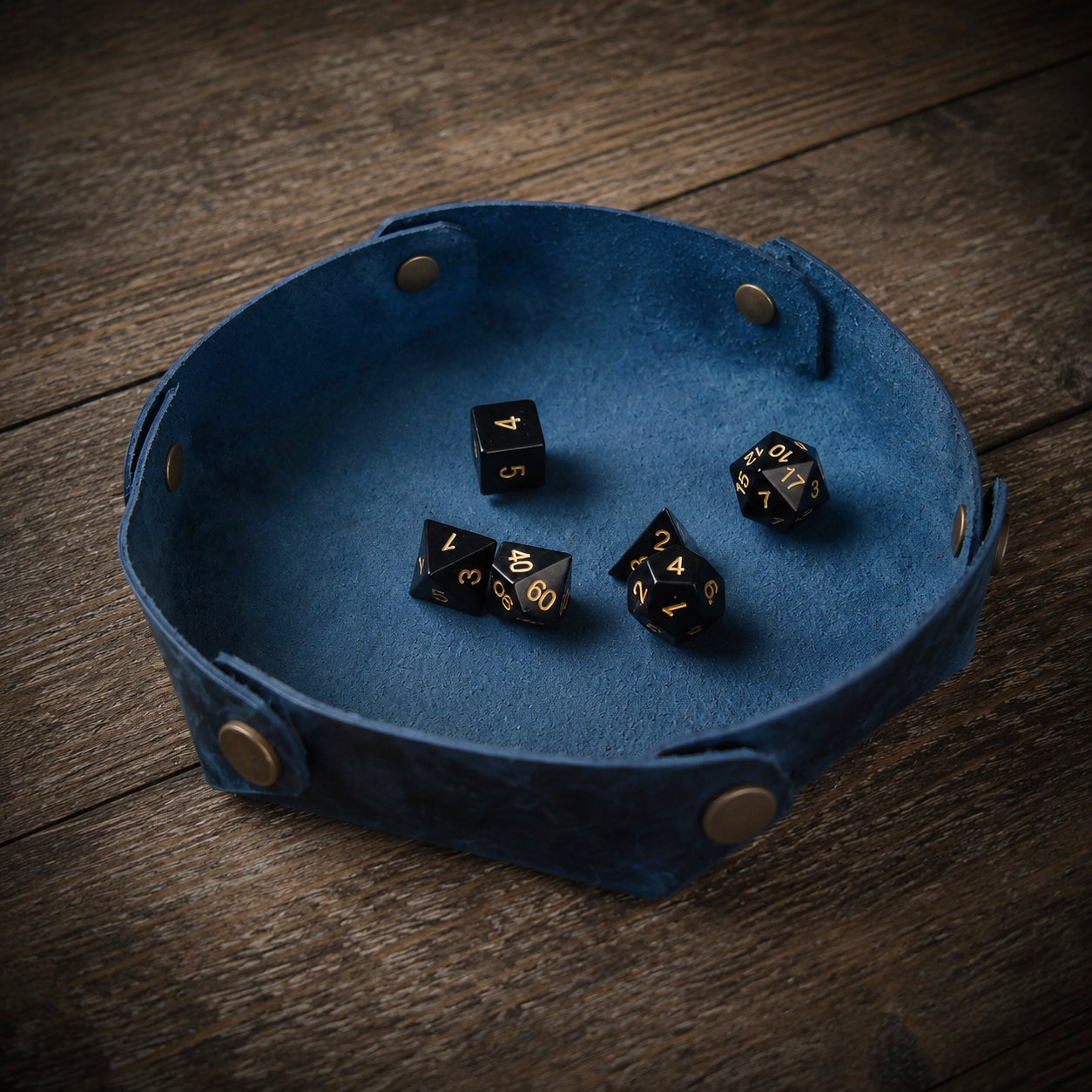 Vassoio per dadi in pelle fatto a mano_Esagono blu